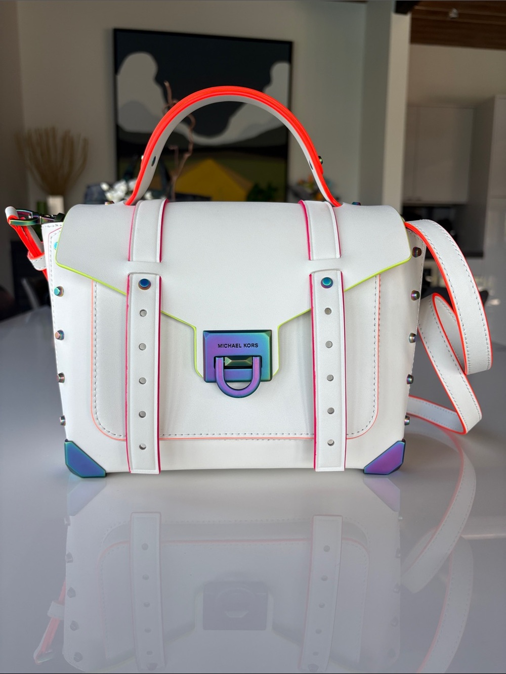 Michael Kors White Satchel With Neon Details
